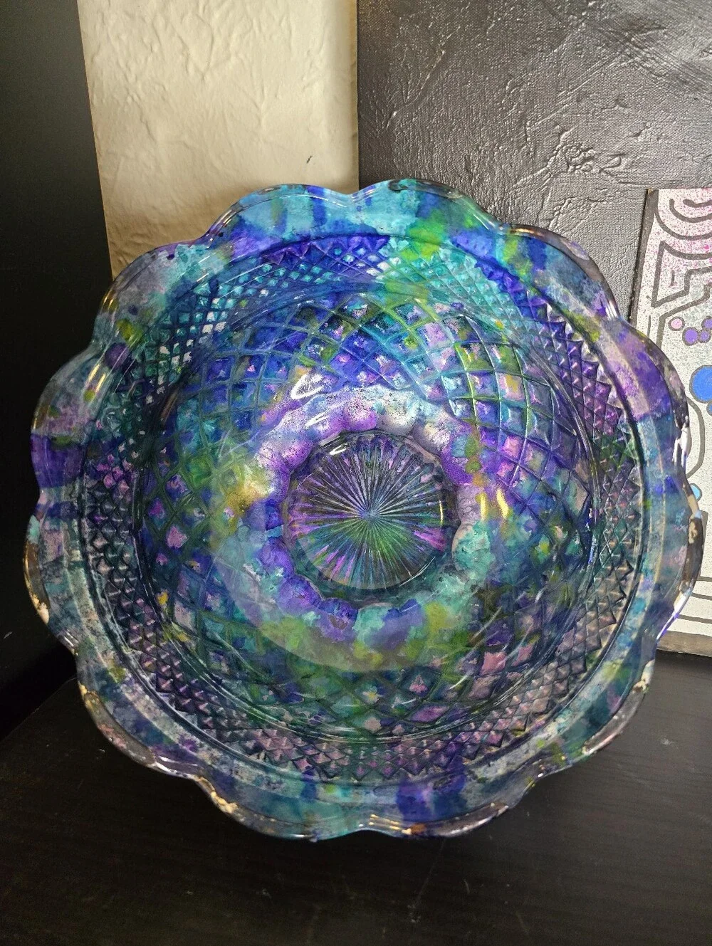 HANDCRAFTED Upcycled Glass Bowl HANDPAINTED Decorative Etched Glass Bowl W Stem